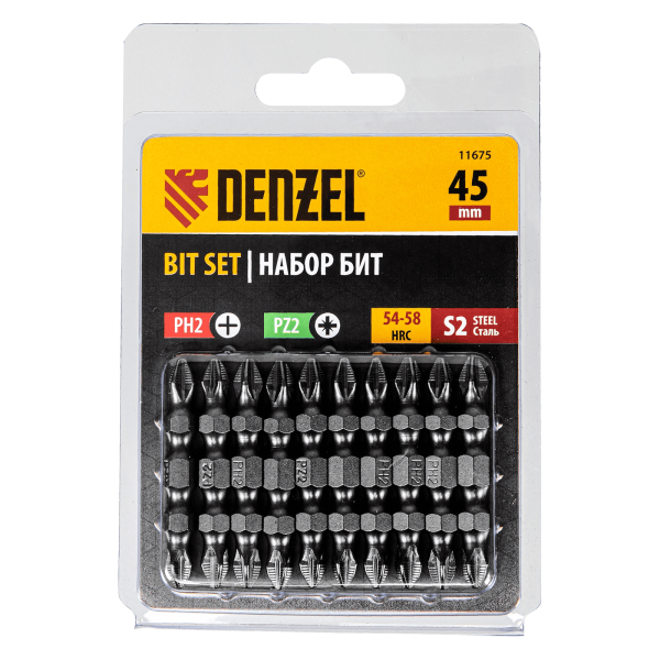 Бита DENZEL двухсторонняя, PH2-PZ2 х 45 мм, сталь S2, 10 шт.