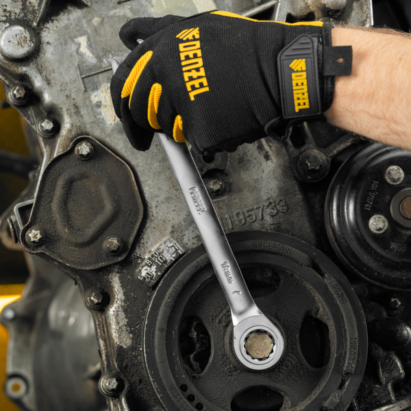 Ключ комбинированный трещоточный DENZEL, 18 мм, CrV, матовый хром