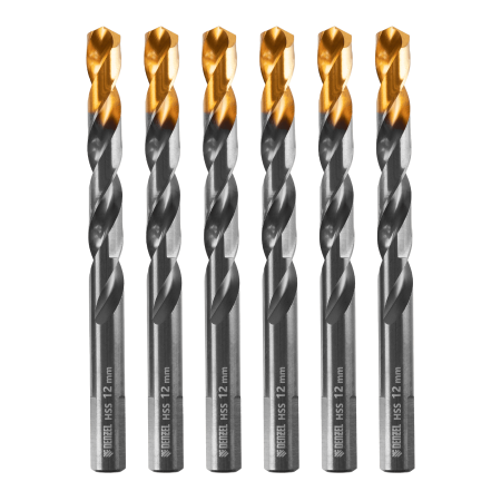 Сверло по металлу DENZEL 12 мм, HSS-Tin, Golden Tip, 6 шт.