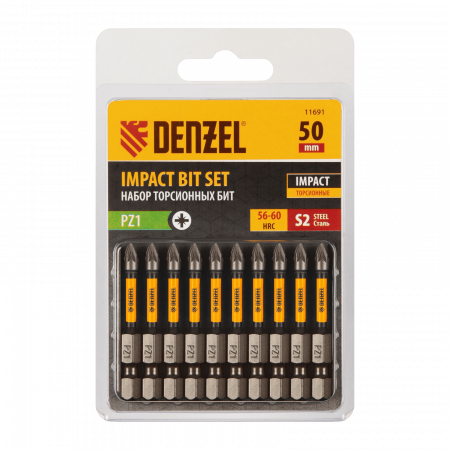 Бита DENZEL IMPACT, PZ1x50 мм, лазерная обработка шлица, сталь S2, 10 шт., Е 6,3