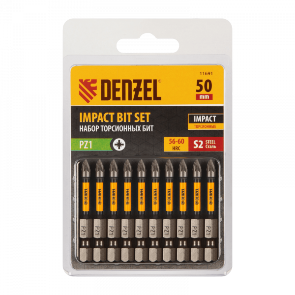 Бита DENZEL IMPACT, PZ1x50 мм, лазерная обработка шлица, сталь S2, 10 шт., Е 6,3