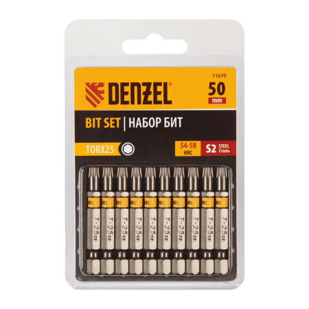 Бита DENZEL TX 25х50, сталь S2, шестигранный профиль, 10 шт. Е 6,3