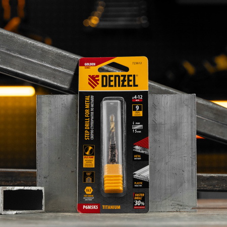 Сверло ступенчатое DENZEL 4-5-6-7-8-9-10-11-12 мм, Р6М5К5, 6-гр. хвостовик