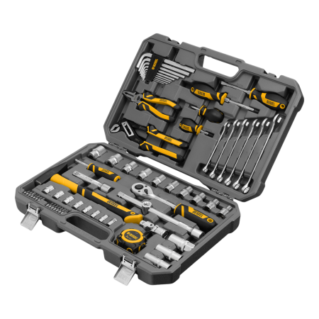 Набор инструментов DENZEL 1/2", 1/4", CrV, S2, пластиковый кейс, 64 предмета