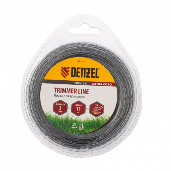 Леска для триммера DENZEL Flex Сord 96124, 2 мм x 15 м, квадрат, двухкомпонентная