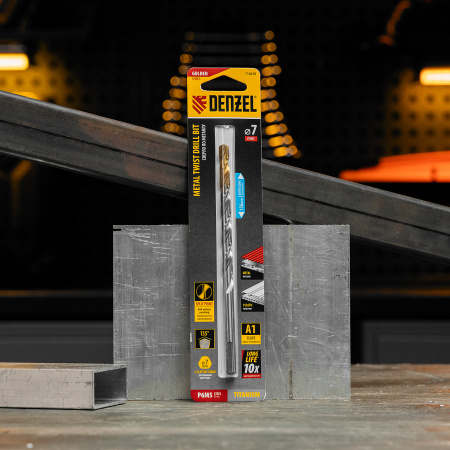 Сверло спиральное по металлу DENZEL 7,0 х 156 мм, Р6М5, Golden Tip, удлиненное