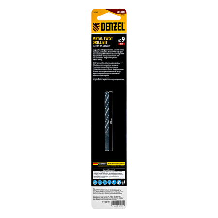 Сверло спиральное по металлу DENZEL 9 х 175 мм, Р6М5, Golden Tip, удлиненное