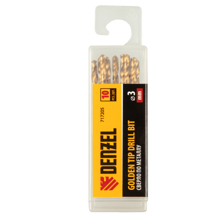 Сверло по металлу DENZEL 3 мм, HSS-Tin, Golden Tip, 10 шт.