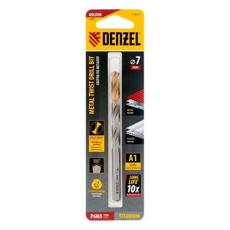 Сверло спиральное по металлу DENZEL 7,0 x 109 мм, Р6М5, Golden Tip