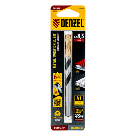 Сверло спиральное по металлу DENZEL 8,5 x 117 мм, Р6М5, Golden Tip, многогранная заточка