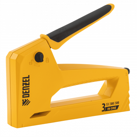 Степлер мебельный DENZEL алюминиевый корпус, тип 53, 6-14 мм, тип 300, 15 мм, тип 500, 15 мм