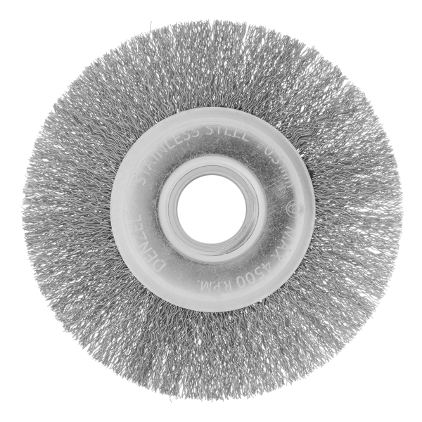 Щетка для УШМ DENZEL 746563, 125 мм, «плоская», витая нержавеющая проволока 0.3 мм, посадка 22.2 мм