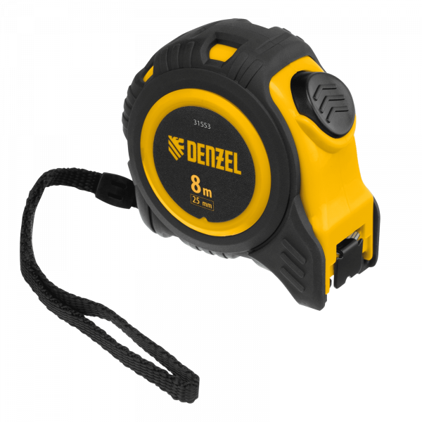 Рулетка DENZEL 8м х 25мм, обрезиненный корпус, автоматическая фиксация