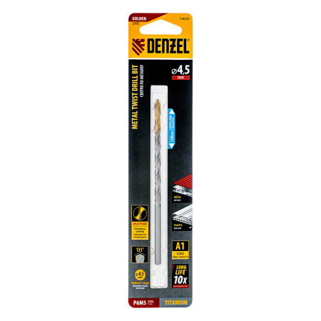 Сверло спиральное по металлу DENZEL 4,5 х 126 мм, Р6М5, Golden Tip, удлиненное