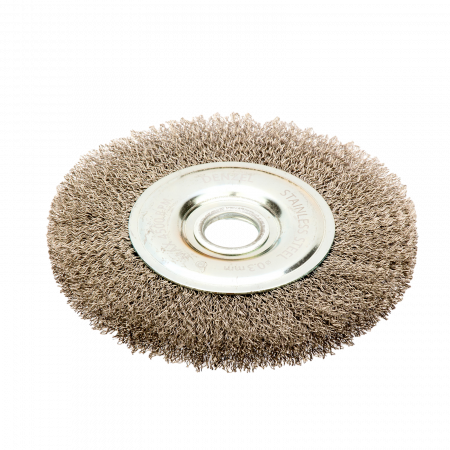 Щетка для УШМ DENZEL 746643, 150 мм, «плоская», витая нержавеющая проволока 0.3 мм, посадка 22.2 мм