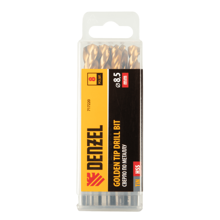 Сверло по металлу DENZEL 8,5 мм, HSS-Tin, Golden Tip, 8 шт.