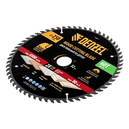 Пильный диск по дереву DENZEL ф250 х 32 мм, 60 зубьев