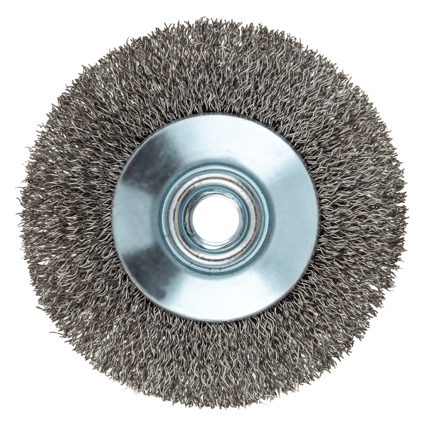 Щетка для УШМ DENZEL 746083, 100 мм, «тарелка», витая нержавеющая проволока 0.3 мм, М14