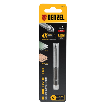Сверло по керамической плитке DENZEL 4 мм, крестовая пластина, шестигранный хвостовик