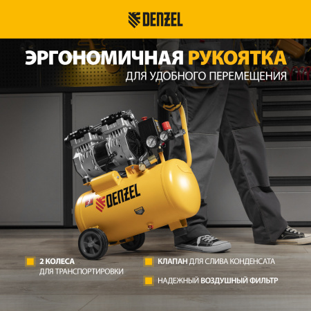Компрессор безмасляный DENZEL DLS950/24, 950 Вт, 165 л/мин, ресивер 24 л, малошумный