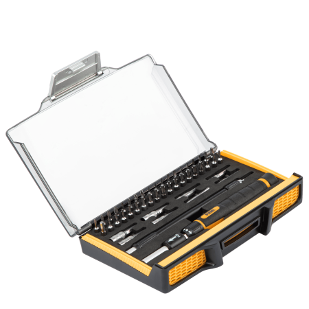 Отвертка с набором бит и торцевых головок DENZEL для точных работ, гибкий привод, 48 шт, CrMo