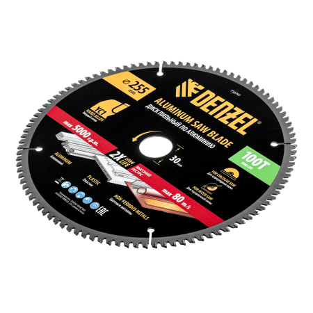 Пильный диск по алюминию DENZEL ф255 х 30 мм, 100 зубьев