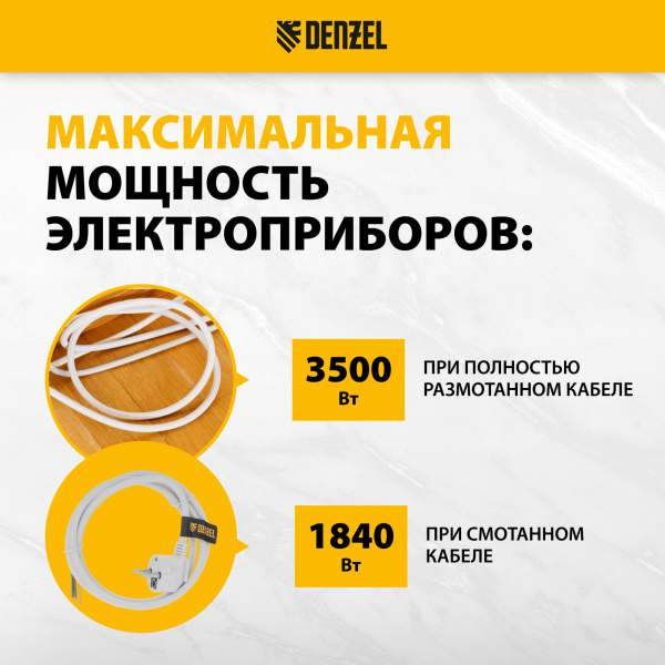 Шнур сетевой Energy Series DENZEL, ПВС, 1,5 м, 3 x 1,5 мм, с неразборной вилкой, белый