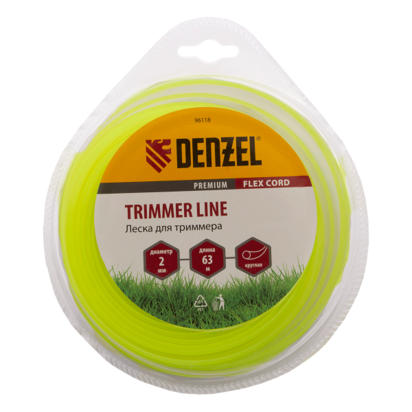 Леска для триммера DENZEL Flex Сord 96118, 2 мм x 63 м, круглая, блистер