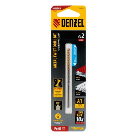 Сверло спиральное по металлу DENZEL 2 х 86 мм Р6М5, Golden Tip, удлиненное, 2шт.