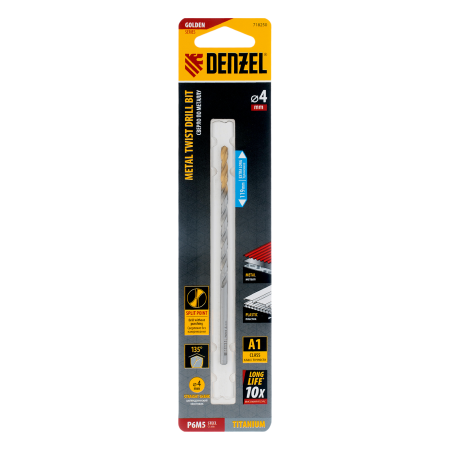 Сверло спиральное по металлу DENZEL 4 х 119 мм, Р6М5, Golden Tip, удлиненное