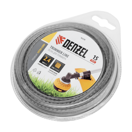 Леска для триммера DENZEL 96258 двухкомпонентная зубчатый квадрат, 2,4мм х 15м, блистер EXTRA CORD