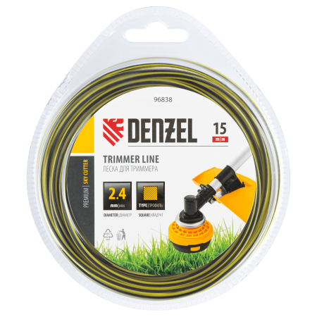 Леска для триммера DENZEL двухкомпонентная квадратная, 2,4мм х 15м, блистер SkyCutter
