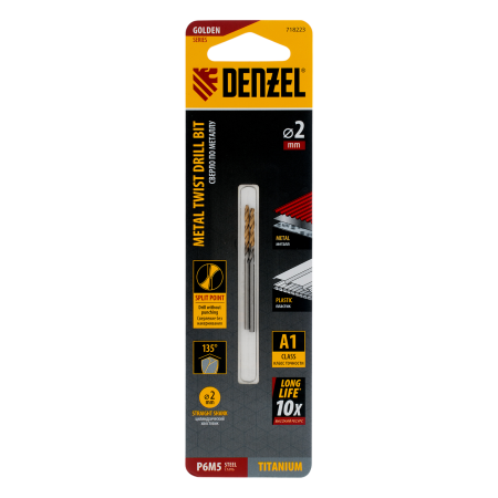 Сверло спиральное по металлу DENZEL 2 x 49 мм, Р6М5, Golden Tip, 2шт.