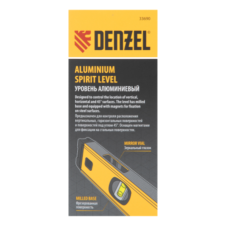 Уровень алюминиевый DENZEL магнит., фрезерованный, 3 глазка (1 зеркал.), 0,5 мм/м, 400 мм