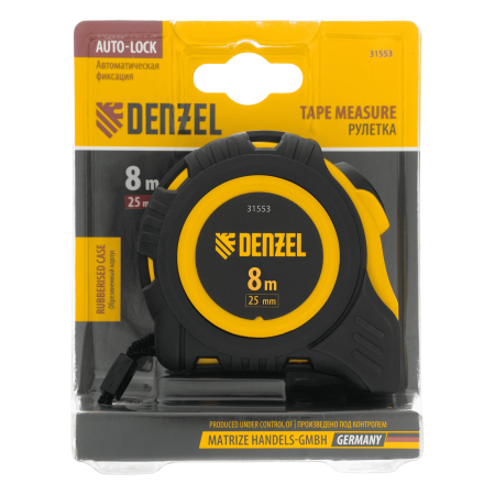 Рулетка DENZEL 8м х 25мм, обрезиненный корпус, автоматическая фиксация