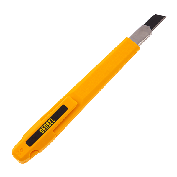 Нож DENZEL 9 мм, сменное лезвие, SK4, метал. направляющая, клипса, нажимной фиксатор