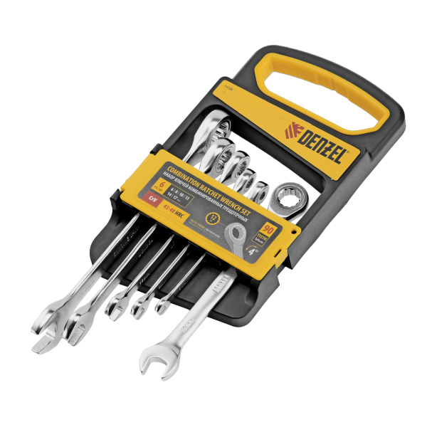 Набор ключей комбинированных трещоточных DENZEL 6-17 мм, 6 шт., CrV, матовый хром