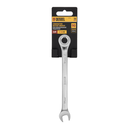 Ключ комбинированный трещоточный DENZEL, 10 мм, CrV, матовый хром