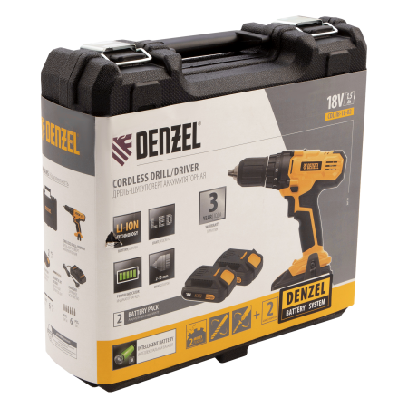 Аккумуляторная дрель-шуруповерт DENZEL CDL-IB-18-02, 18 В, Li-Ion, 2 x 1.5 Ач Аккумуляторная дрель-шуруповерт DENZEL CDL-IB-18-02, 18 В, Li-Ion, 2 x 1.5 Ач