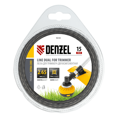 Леска для триммера DENZEL Flex Сord 96125, 2.65 мм x 15 м, двухкомпонентная, квадратная