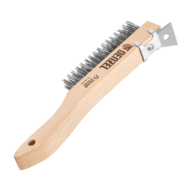 Щетка зачистная 4-х рядная DENZEL, проволока из нержавеющей стали с деревянной ручкой скребок, EFP