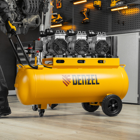 Компрессор безмасляный, малошумный DENZEL DLS 3300/100, 3300 Вт,3x1100, 100 л, 570 л/мин ,блок управления
