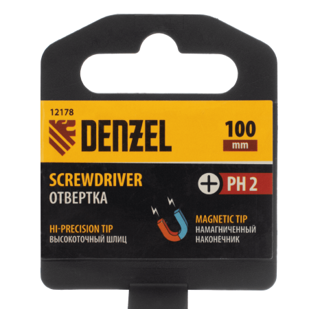 Отвертка DENZEL PH2х100 мм, CrV, трехкомпонентная рукоятка