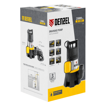 Дренажный насос DENZEL DP1400X, 1400 Вт, высота подъема 11 м, 25000 л/ч Дренажный насос DENZEL DP1400X, 1400 Вт, высота подъема 11 м, 25000 л/ч