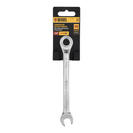 Ключ комбинированный трещоточный DENZEL, 12 мм, CrV, матовый хром