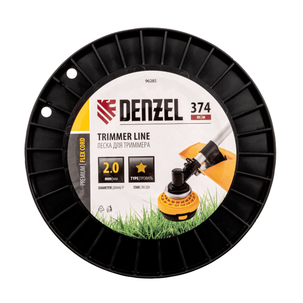 Леска для триммера DENZEL 96285 звезда, 2,0мм х 374м, на DIN катушке FLEX CORD