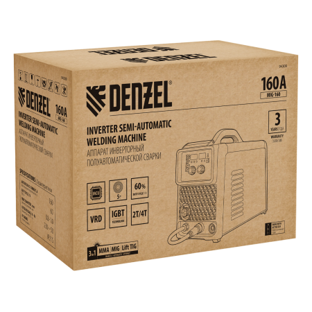 Аппарат инвертор. полуавтомат. сварки DENZEL MIG-160, 160 А, ПВ 60%, катушка 5 кг
