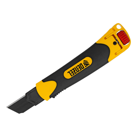 Нож DENZEL 25 мм, сменное лезвие, SK4, корпус из ABS + TPR, торцевой зажим