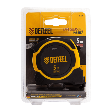 Рулетка DENZEL 5м х 19мм, двухкомп. корпус, магнитный обрезиненный зацеп