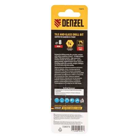 Сверло по керамической плитке DENZEL 8 мм, крестовая пластина, шестигранный хвостовик